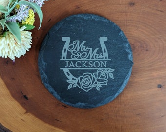 Mr Mrs Horseshoe coaster - slate coaster engraved with last name