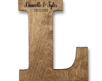 Wood guest book initial with first names and date - engraved wood letter