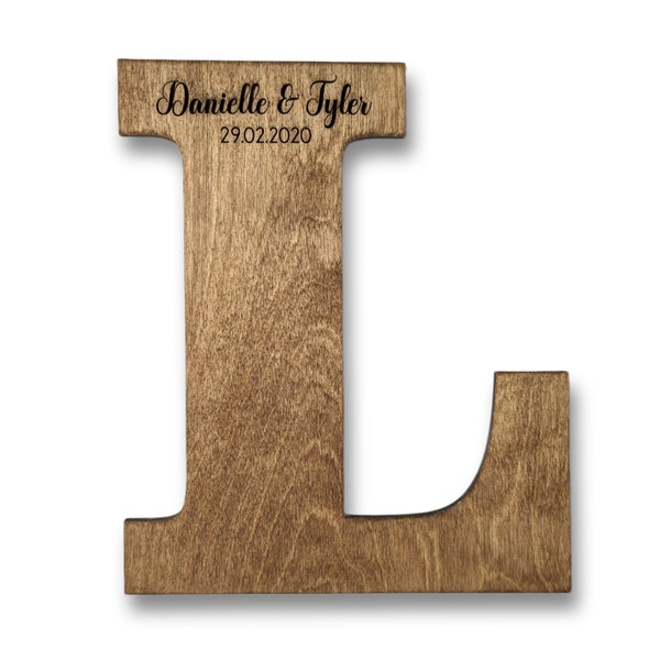 Wood guest book initial with first names and date - engraved wood letter