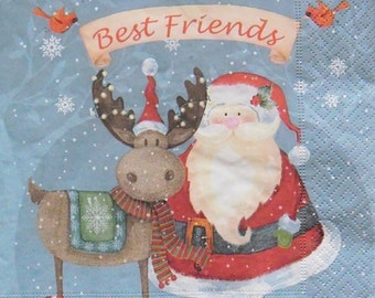 Set of 2 pcs 3-ply ''Best Friends'' paper napkins for Decoupage or collectibles 33x33cm, Santa Claus napkins, Christmas napkins, Servetten