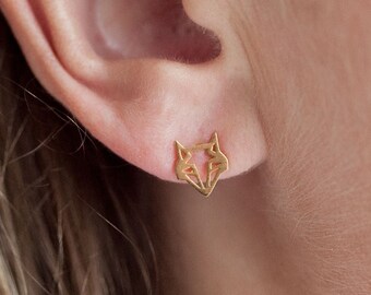 Golden origami fox head earrings - Fox earfleas - Fox head ear nails
