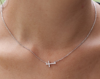 Tiny CZ Sideways Cross Necklace in Silver - One of a kind!
