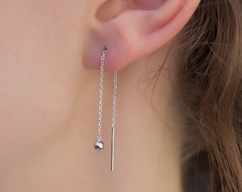 Boucles d'oreilles chaine traversante en argent ou plaqué or - Chaines d'oreilles - Chaines pour oreilles avec perle