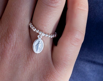 Beaded stretch ring with Miraculous Medal - Sterling Silver or Gold Fill -Virgin Mary Jewelry - Sterling Silver Mary Ring  - religious gifts