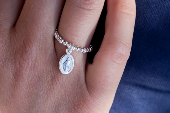 Anillo de perlas de plata y medalla de la Virgen María, anillo de medalla  milagrosa de plata, anillo de perlas de plata elástica