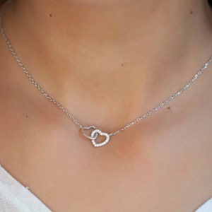 925 Sterling Silver Double Heart Necklance with Zircon - Interlocking Heart Necklace • Sterling Silver Necklace with Stones