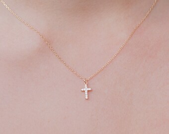 Small cross necklace set with gold-plated zircons - Gold plated rhinestone cross necklace - Gold plated religious necklace