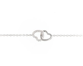 925 Sterling Silver Double Heart Bracelet with Zircon - Interlocking Heart Bracelet • Sterling Silver Bracelet with Stones