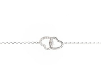 925 Sterling Silver Double Heart Bracelet with Zircon - Interlocking Heart Bracelet • Sterling Silver Bracelet with Stones