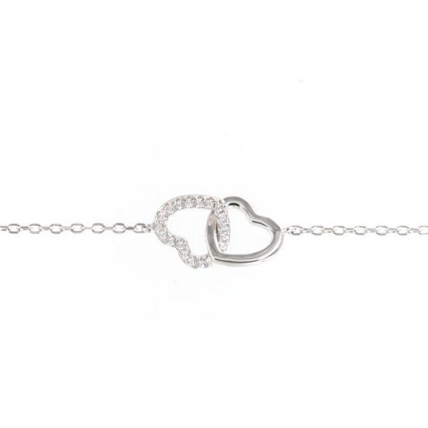 925 Sterling Silver Double Heart Bracelet with Zircon - Interlocking Heart Bracelet • Sterling Silver Bracelet with Stones