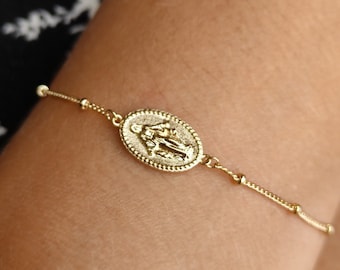 Pulsera de medalla virgen chapada en oro, pulsera de medalla milagrosa chapada en oro, pulsera de la suerte