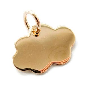 May include: A gold-coloured cloud charm with a loop for attaching to a necklace or bracelet. The charm has a smooth, polished surface and a rounded shape. The charm is made of a shiny metal.