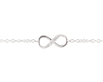 Pulsera de plata genuina con signo infinito y circonitas - Pulsera de infinito engastada con pedrería plateada