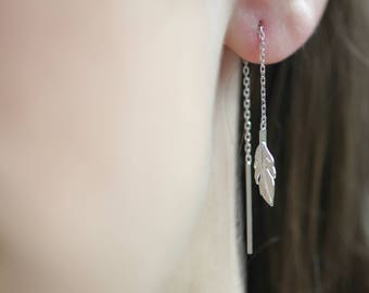 Feather Chain Earring Gold Filled or Silver - Feather chain thread through earring