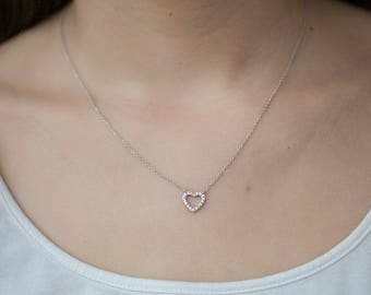 Minimalist Heart Necklace - 925 Sterling Silver - Dainty Heart Necklace - cz Diamond Heart Necklace - Open Heart CZ Necklace