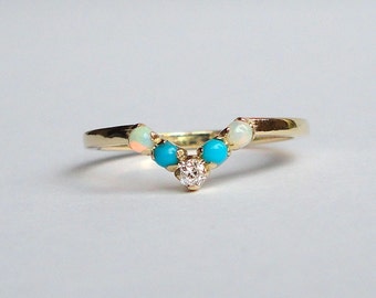 Banda en V de 5 piedras, anillo de diamantes, turquesa y ópalo, alianza de boda, oro amarillo de 14 qt