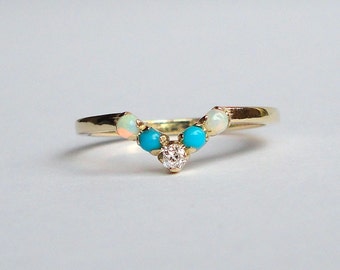 5 Stone V Band, Diamond, Turquoise and Opal Ring, Wedding Band, 14K Yellow Gold