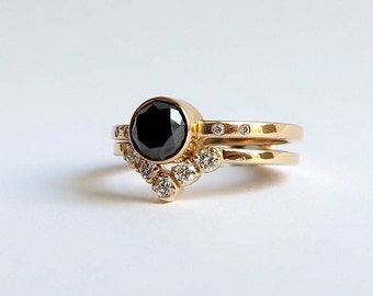 Anillo de diamante negro, anillo de compromiso solitario, anillo de diamante negro solitario, oro amarillo reciclado de 14K
