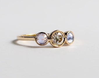 Diamond and Rose Cut Sapphire 3 Stone Ring, Diamond and Sapphire Ring, Engagement Ring, Wedding Band, 14K Yellow Gold