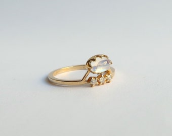 Cabochon de piedra lunar y anillo de diamantes, anillo de compromiso, alianza de bodas, oro amarillo de 14 quilates