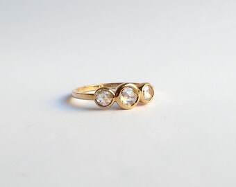 Rose Cut Diamond 3 Stone Ring, Engagement Ring, Wedding Band, 14K Yellow Gold