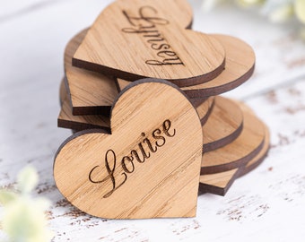 Personalised Wooden Heart Wedding Place Names – Engraved Oak Favours, Rustic Table Name Tags