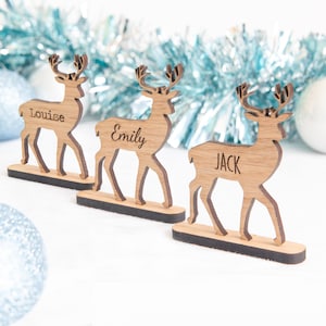 Houten rendier GEPERSONALISEERDE plaatsnamen, gepersonaliseerde kersttafeldecoraties, luxe hertdecoraties, Rudolph The Red Nosed Reindeer