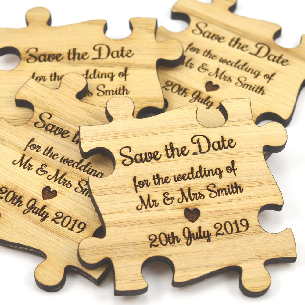 Wedding Save the Date Magnets Personalised Wooden Jigsaw Puzzle Pieces 