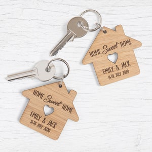 Personalised New Home Gift, Our First Home House Shaped Wooden Keyrings, Personalized Home Sweet Home Present, For Couples Wife Husband image 2