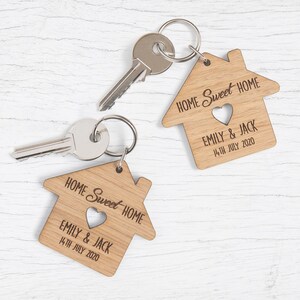 Personalized New Home Oak Keyrings, Couples Housewarming Gift
