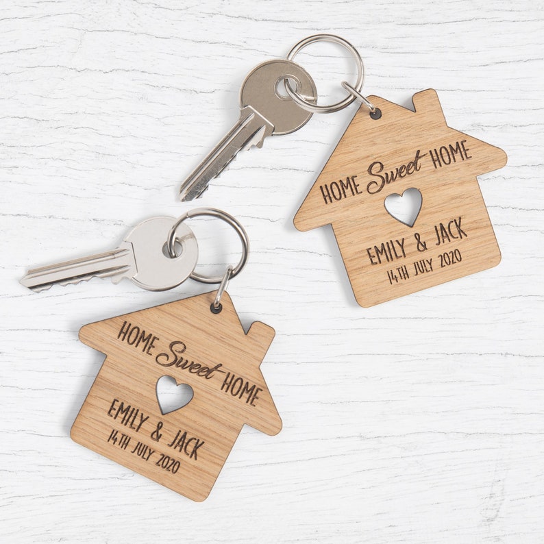 Personalized New Home Oak Keyrings, Couples Housewarming Gift