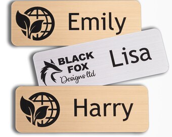 Personalised Engraved Name Badges, Staff Badge, Corporate Business Event, Custom Logo, Premium Deluxe Pin Badge, Silver Gold Wooden Coloured