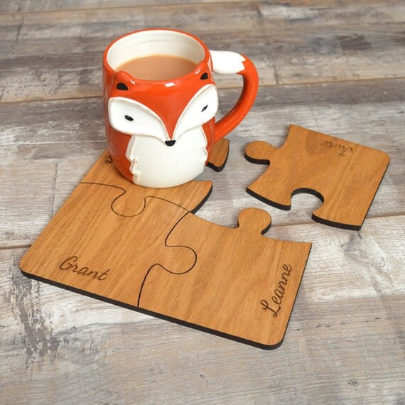 Personalised Family Set Of Four Oak Wood Rustic Jigsaw Puzzle Piece Coasters Personalized Wooden Mats