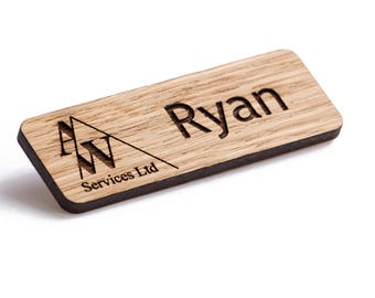 Personalised Wooden Name Badges - Custom Engraved Wood Logo Tags with Pin or Magnetic Fastener
