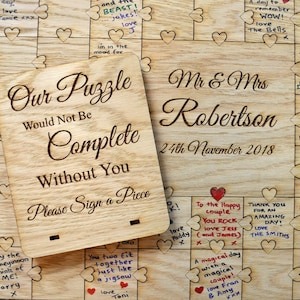 Rustic Wooden Personalized Wedding Jigsaw Puzzle Guestbook - Personalised Heart Shaped Knobs Chic Shabby Oak