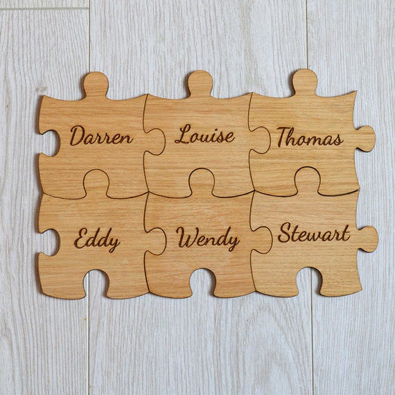Personalised Oak Wooden Family Jigsaw Puzzle Piece Coasters Join To Make Set Rustic Personalized