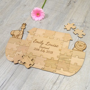 Noah&#39;s Arc Shaped Personalized Wooden Jigsaw Puzzle Piece For Baptism Guestbook Personalised Unique Idea