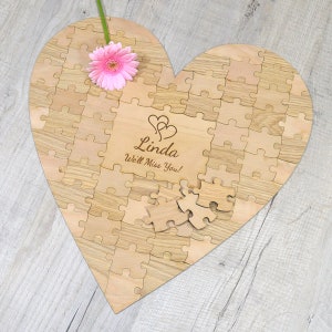 Personalized Unique Retirement Party Gift Idea - Personalised Jigsaw Puzzle Piece Heart Wooden Guest Book