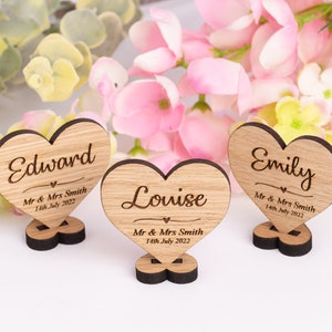 Personalised Wooden Wedding Placenames Place Settings, Heart Shaped Place Names On Stand, Rustic Personalized Place Cards, Table Decorations