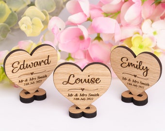 Personalised Wooden Wedding Placenames Place Settings, Heart Shaped Place Names On Stand, Rustic Personalized Place Cards, Table Decorations