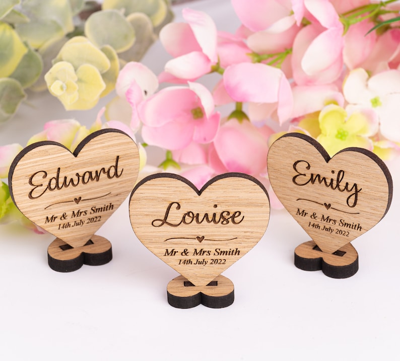 Personalised Wooden Wedding Placenames Place Settings, Heart Shaped Place Names On Stand, Rustic Personalized Place Cards, Table Decorations image 1