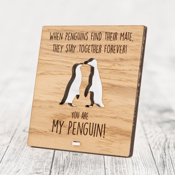 Personalised Oak Engraved Pair Of Keyrings Penguins Couples His & Hers Boyfr