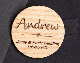 Personalized Oak Wood Wedding Name Badge, Engraved Lapel Pin