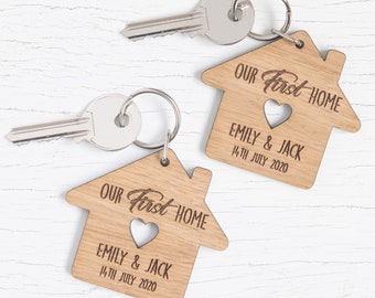 Personalised New Home Gift, Our First Home - House Shaped Wooden Keyrings, Personalized Home Sweet Home Present, For Couples Wife Husband