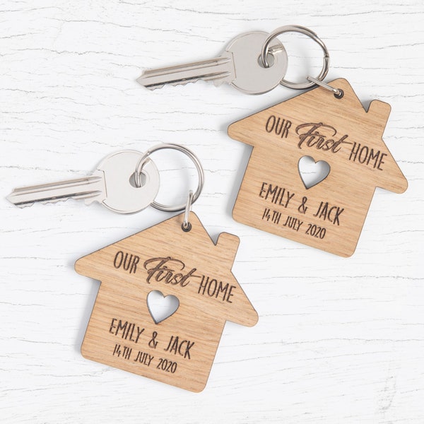 Personalised New Home Gift, Our First Home - House Shaped Wooden Keyrings, Personalized Home Sweet Home Present, For Couples Wife Husband