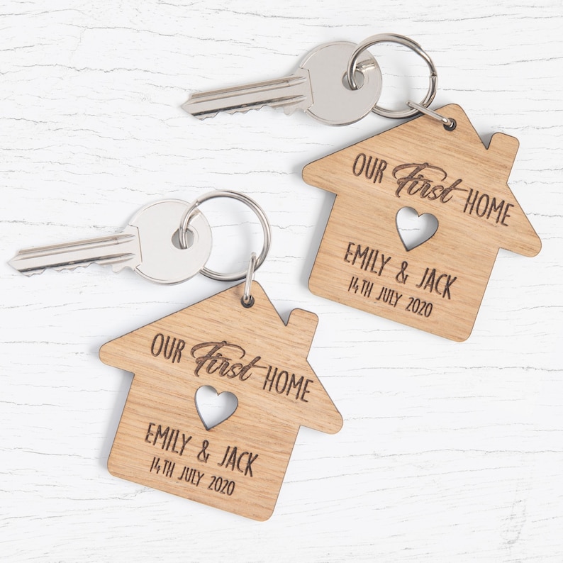 Personalised New Home Gift, Our First Home - House Shaped Wooden Keyrings, Personalized Home Sweet Home Present, For Couples Wife Husband 