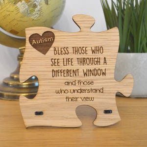 Autism Awareness Oak Plaque, Autism Quote Engraved Jigsaw Piece