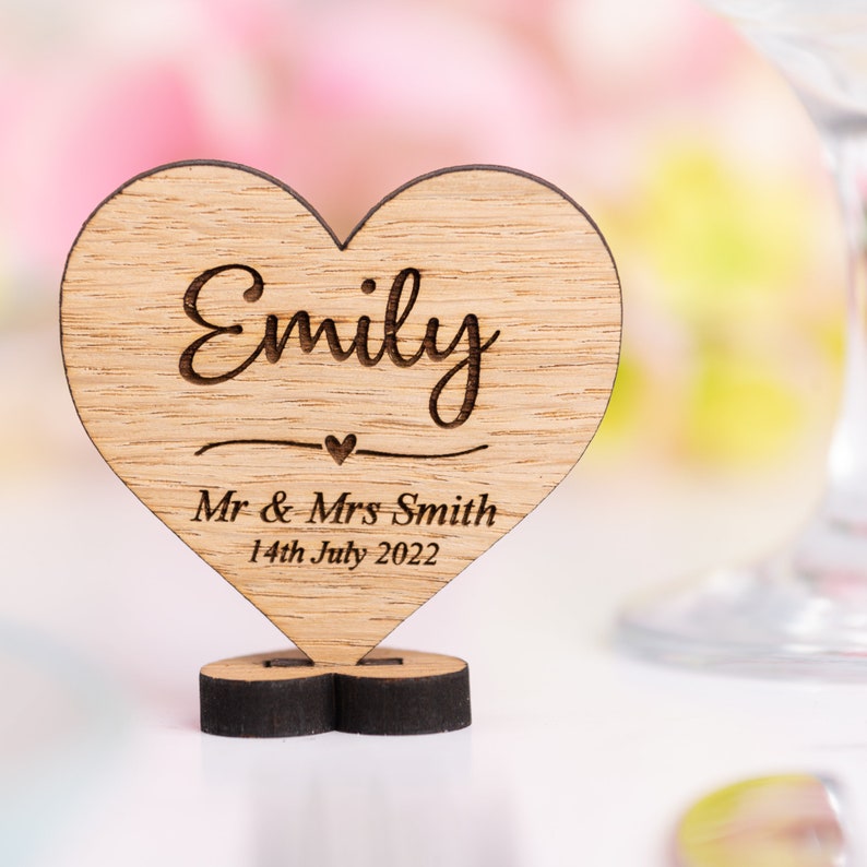 Personalised Wooden Wedding Placenames Place Settings, Heart Shaped Place Names On Stand, Rustic Personalized Place Cards, Table Decorations image 2