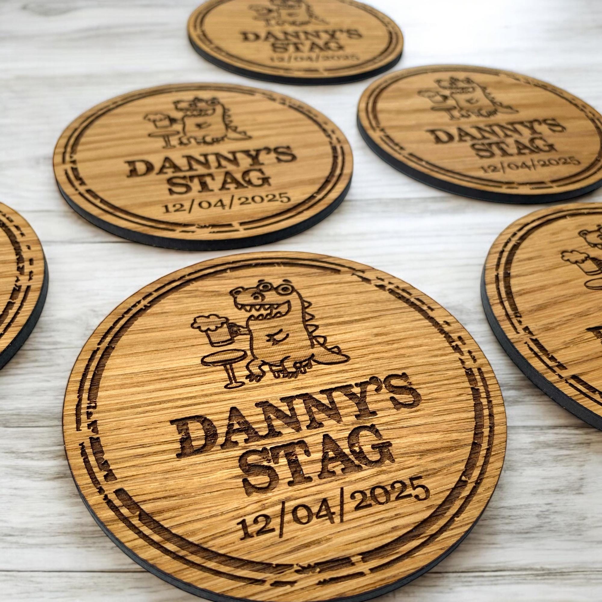 Stag Do Wooden Coasters – Deep Engraved Party Coasters – Groomsmen Gift – Buy Individually or in Sets – Funny Stag Night Favours