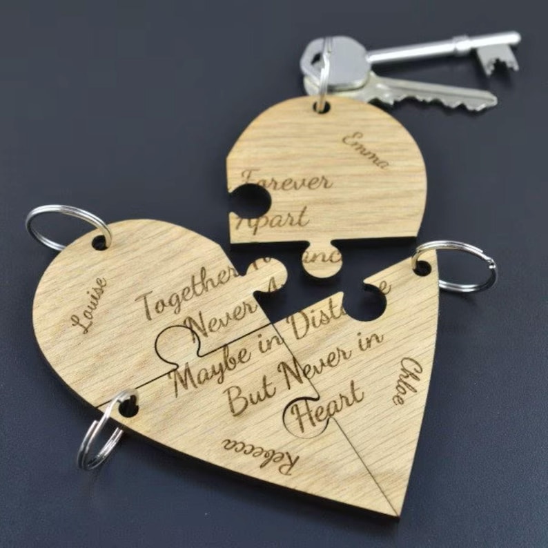 Personalized Wood Jigsaw Keyring Set, Engraved Friendship Gift
